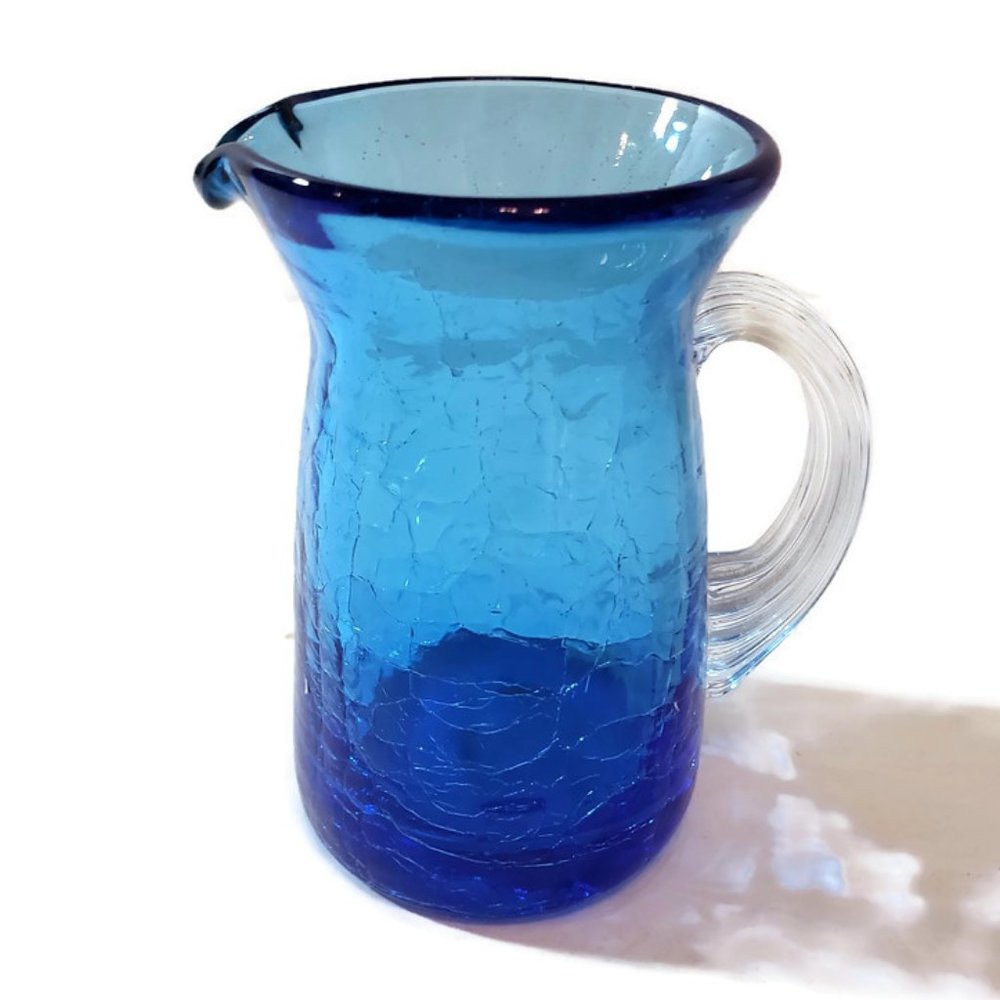 Crackle Glass Miniature Pitcher Peacock Blue Hand Blown Vintage MCM Mid Century